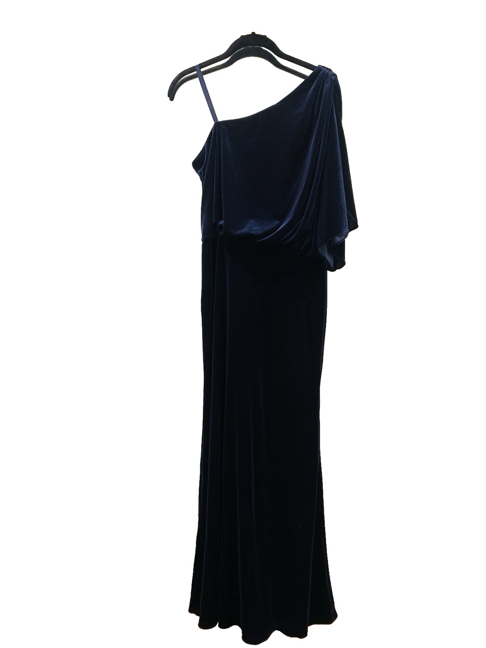 ADRIANNA PAPELL Velvet Gown 8 Navy One Shoulder Flutter Long Formal Dress EUC